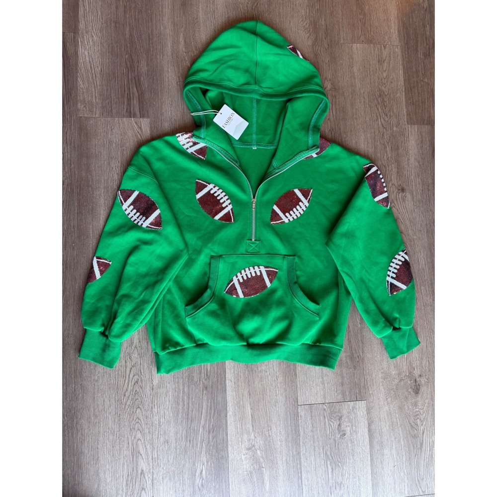 Fashion Green Sequin Football Hoodie Womens Quarter Zip Sweatshirt